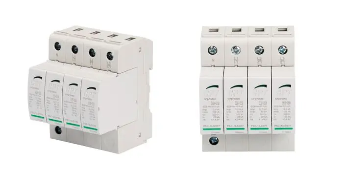 Dispositivo de protección contra sobretensiones transitorias multipolar Cirprotec modelo PSC-12,5/120 Tipo 1+2, diseñado para la protección de líneas trifásicas con neutro N, L1, L2 y L3 en tableros eléctricos industriales