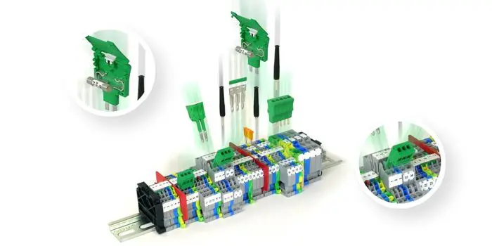 Gama modular de borneras Push In Cabur montadas en riel DIN con bloques grises, azules y verde-amarillo de tierra, acompañados de una vista explosionada de accesorios como puentes de conexión enchufables y un borne portafusibles verde
