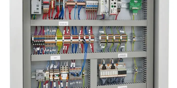 Interior maquetado de un tablero de control eléctrico industrial automatizado con filas estructuradas de borneras Push In Cabur cableadas con hilos rojos y azules para distribución de carga y bloques de interconexión de seguridad