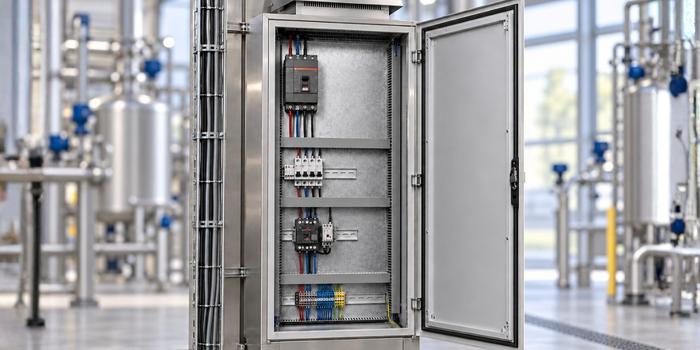 Tablero de control industrial instalado en planta de procesos con gabinete de acero inoxidable dkc