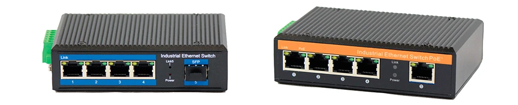 SWITCHES INDUSTRIALES VELOCIDAD 10-100Mbps, no administrables con y sin slot SFP para fibra óptica.
