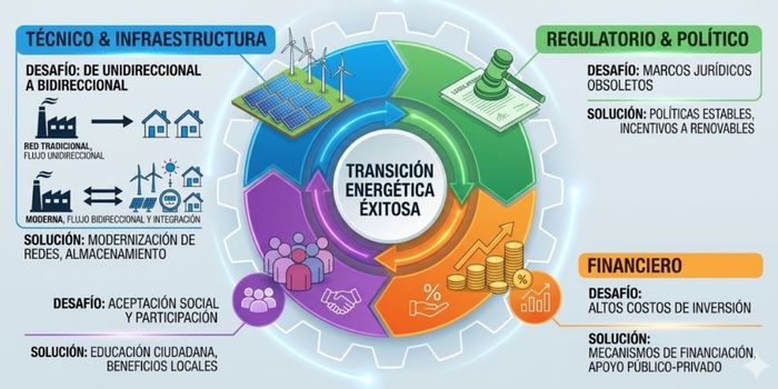 Diagrama cuatro retos estructurales de la transición energética