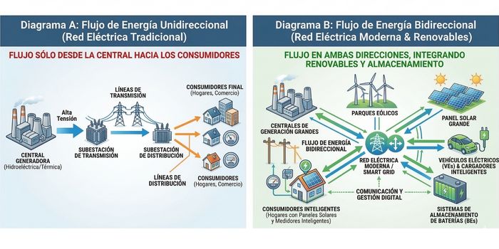 Flujo de energía unidireccional vs bidireccional 