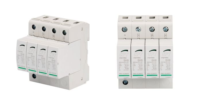 Dispositivo de protección contra sobretensiones transitorias multipolar Cirprotec modelo PSC-12,5/120 Tipo 1+2, diseñado para la protección de líneas trifásicas con neutro N, L1, L2 y L3 en tableros eléctricos industriales