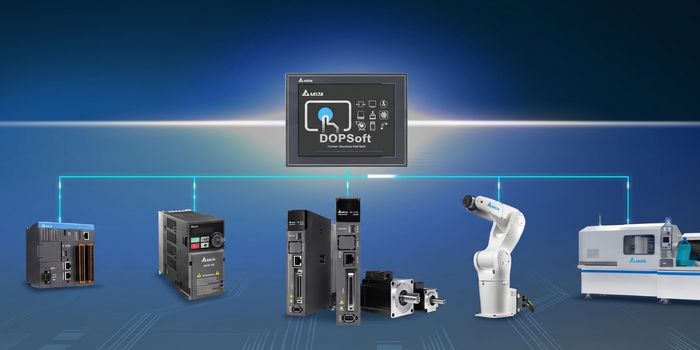 Esquema de integración industrial que muestra una pantalla HMI DELTA interconectada con PLC, variador de frecuencia y brazo robótico en una red de automatización. 