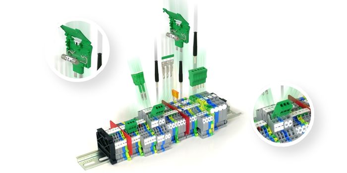 Gama modular de borneras Push In Cabur montadas en riel DIN con bloques grises, azules y verde-amarillo de tierra, acompañados de una vista explosionada de accesorios como puentes de conexión enchufables y un borne portafusibles verde